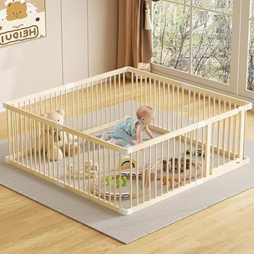 LOVMOR Large Wooden Baby Playpen, Adjustable Gate for Toddler and Babies, Foldable Baby Fence Play Yard with Door (63 * 63 * 24 Inch)