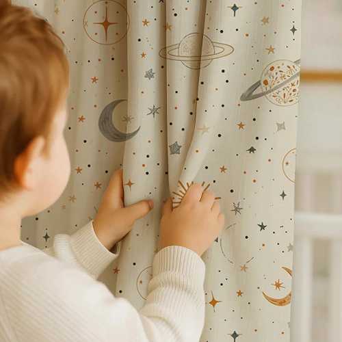 Kids Room Curtain – Beige Star & Moon Print | Cosmic Nursery Drapes | Neutral Boho Space Decor
