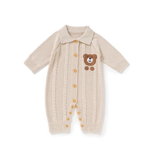 Avibae Knit Baby Sweater Romper, Cotton Thermal Clothes for Newborn Infant, Boys and Girls Onesie, Bear Pattern