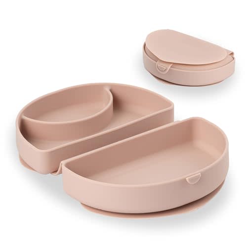 Miniware Baby Travel Plate with Suction - Foldable Silicone Baby Travel Essential to Promote Self-Feeding - Dishwasher Safe, BPA Free, Food Grade Silicone Baby Plate for On The Go - Pink Silifold