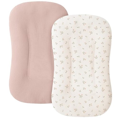 Muslin Baby Lounger Cover for Newborn & Infant, 100% Cotton Soft and Breathable Lounger Slipcover for Baby Girls and Boys, Pack of 2 (Pink Blossom)