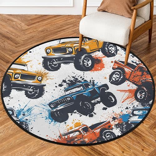 Monster Truck Car Round Rug for Living Room, 3ft Area Rug Non-Slip Washable Circle Carpet, Soft Low Pile Floor Mat for Bedroom, Kitchen, Dorm, Dinning Room