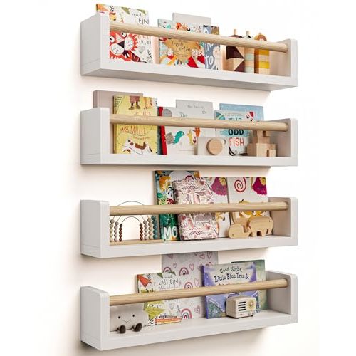 Seocry Nursery Book Shelves - 4 Pack, Wall Book Shelves for Bedroom Kids, Kids Wall Book Shelf, Book Shelf for Kid Rooms, Toddler, Baby, Play Room, Nursery Decor (White Wood, 16.5 Inches)