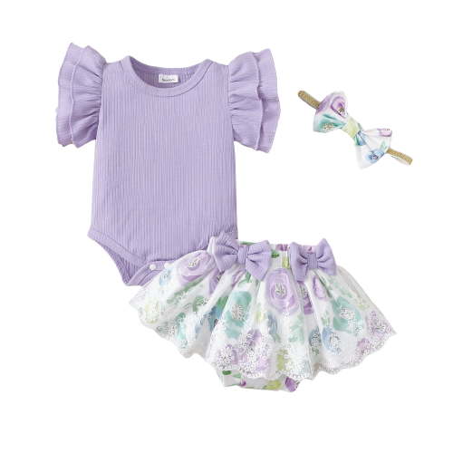 Kucnuzki Newborn Baby Outfits 6-12 Months Ruffle Short Sleeves Knit Romper Top Bowknot Floral Tulle Shorts with Headband 3pcs Sets Purple