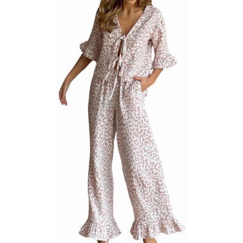 FindThy Women’s Leopard Print Pajama Set Cute Bow Tie Shirt and Ruffle Long Pants 2 Piece Sets Sleepwear
