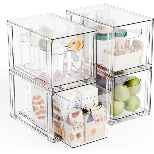 4 Pack Large Stackable Storage Drawers,11″Deep Under Cabinet Organizer,Baby Bottle Organizer,Clear Stacking Pull Out Drawer,Acrylic Storage Containers Bins for Organizing Snack,Medicine,Makeup