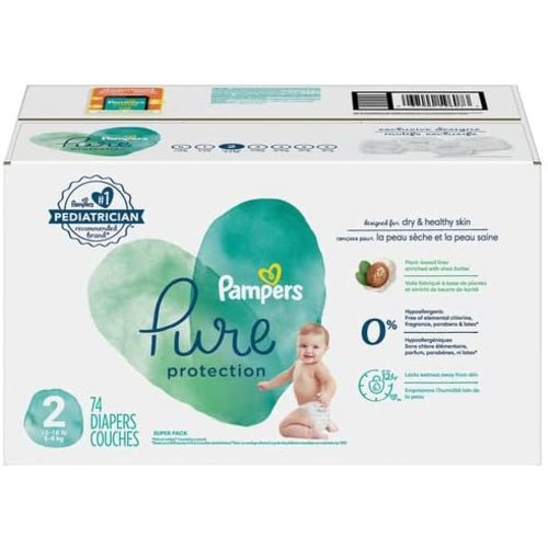 Diapers Size 2, 74 Count - Pampers Pure Protection Disposable Baby Diapers, Hypoallergenic and Unscented Protection, Super Pack (Packaging & Prints May Vary)