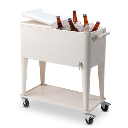 80 QT Rectangular Rolling Cooler Cart with Wheels, Portable Ice Chest with Bottle Opener and Storage Shelf, Outdoor Beverage Cart Ice Chest Cart for Patio Party, Picnic, BBQ, Camping, White