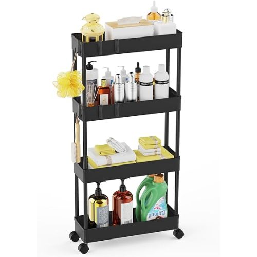 LEHOM 5.1" Slim Storage Cart - 4 Tiers Bathroom Organizer Mobile Shelving Unit Storage Rolling Utility Cart Slide Out Organizer for Kitchen Bathroom Laundry Narrow Places