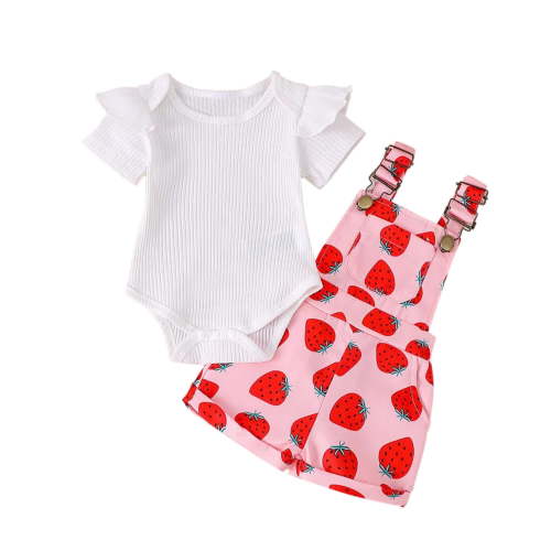 Bovxnpu Baby Girl Bodysuit, Infant Baby Cotton Bodysuits, Girls' Summer Strip Romper Flying Sleeve Short Sleeved Shirt Printed Strap Pants Set 12 Months