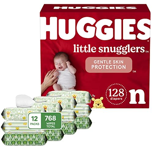 HUGGIES Baby Diapers and Wipes Bundle: Huggies Little Snugglers Newborn Size, 128ct & Natural Care Sensitive Baby Diaper Wipes, Unscented, 12 Flip-Top Packs (768 Wipes Total) (Packaging May Vary)