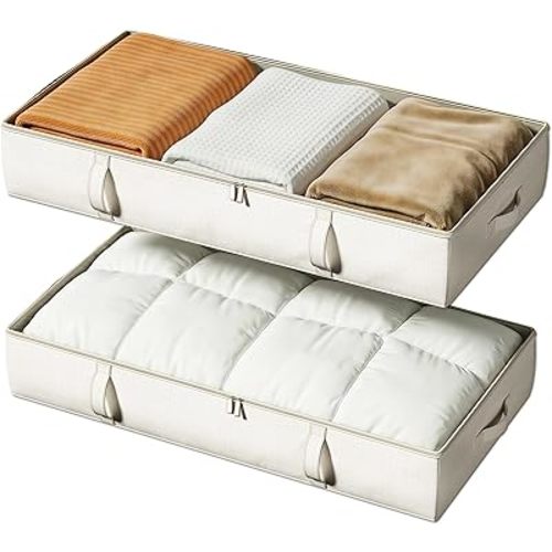 Vailando Side-Supported Under Bed Storage Containers, 6 Inches Tall 60L Underbed Storage Bins with Sturdy Handles and Sidewalls, Closet Organizer for Clothes, Blankets, Seasonal Items, Beige, 2-Pack