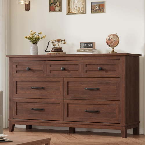 Kicctian 7 Drawer Wooden Dresser for Bedroom - 54" Wide Storage Chest - Freestanding Closet Organizer,Brown