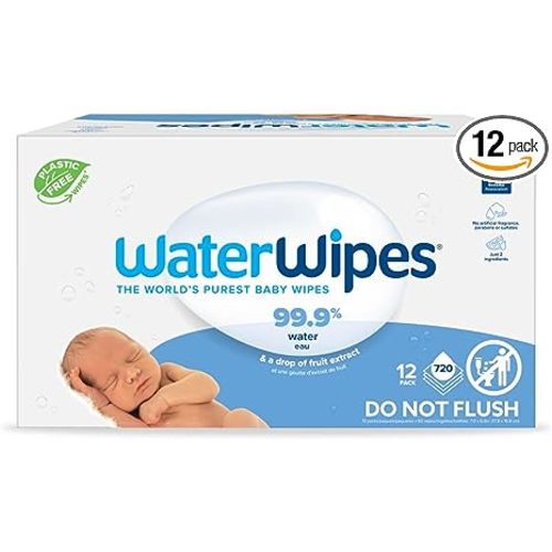 WaterWipes Plant-Based Original Baby Wipes, 99.9% Water Based Wipes, Unscented & Hypoallergenic for Sensitive Skin, 720 Count (Pack of 12), Packaging May Vary - 60 Count (Pack of 12)