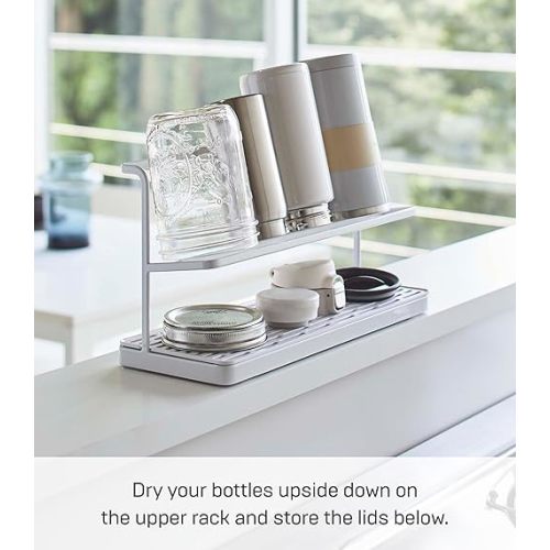 YAMAZAKI Home Tower Countertop Two Tier Bottle Drying Rack, Wide Jug Storage Stand with Drainage Tray for Kitchen Counter for Glass Metal Or Plastic Bottles - Steel