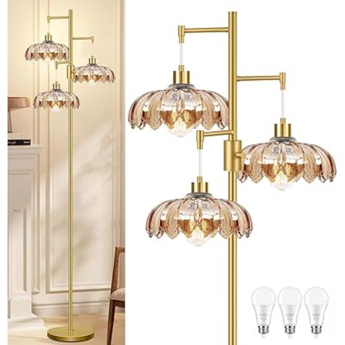 Dimmable Floor Lamp for Living Room Bedroom-3 Light Gold Floor Lamp with Glass Lampshape, Flower Tall Lamp Mid Century Modern Standing Lamp Glass Tree Floor Lamps for Living Room Bedroom,Corner