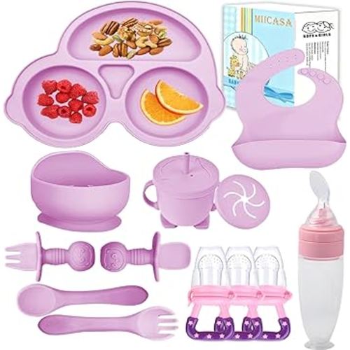 Silicone Baby Feeding Set,Miicasa Baby Led Weaning Supplies Kit With Suction Bowl & Car Plate, Bib, Spoon, Fork, Cup - Food-Grade Silicone, Dishwasher-Safe, No BPAs - For 3+ Months
