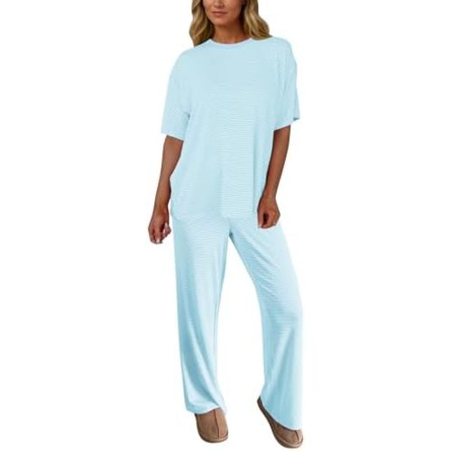MISSACTIVER Women's 2 Piece Striped Lounge Set Short Sleeve T-Shirt Wide Leg Pants Summer Matching Pajamas Set