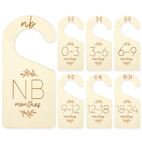 TIESOME 7 Pcs Baby Closet Size Dividers, Wooden Double-Sided Baby Clothes Separators for Closet for Newborn to 24 Months, Easy to Read Size Tabs for Nursery Closets Organization, Cute Hanger Decor