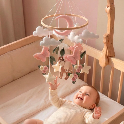 Deer Boho Baby Mobile for Woodland Nursery Decor: Pastel Felt Animals, Wooden Arm & Music Box, Baby Girl Shower Gift, Crib Hanging Toys