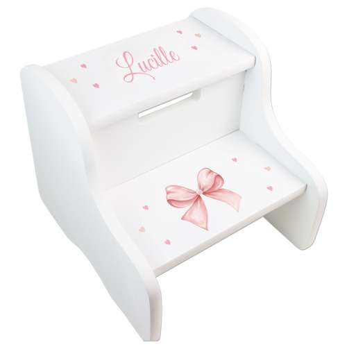 Personalized Pink Bow White Two Step Stool
