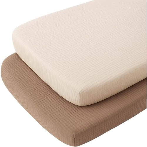 Konssy 2 Pack Muslin Bassinet Sheets for Baby Boy, 100% Cotton Soft Bedside Sleeper Bassinet Sheets, Compatible with Baby Delight, Dream On Me, AMKE and Other Rectangle Mattress (Brown,Summer Wheat)