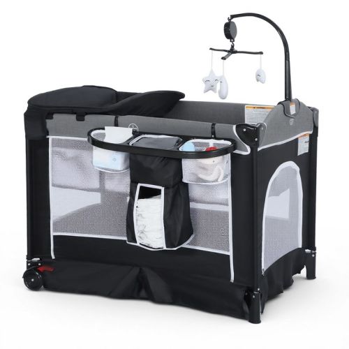 TODECARE 4 in 1 Pack and Play, Multifunction Baby Bassinet Bedside Crib, Portable Baby Nursery Playard w/Changing Table, Storage Basket, Dark Gray