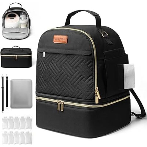 Large Breast Pump Bag for Spectra S1 S2, Double Layer Removable Breast Milk Cooler Bag with 10 Gel Ice Packs & Waterproof Mat, Wearable Pumping Bags for Work Travel & Family, Black