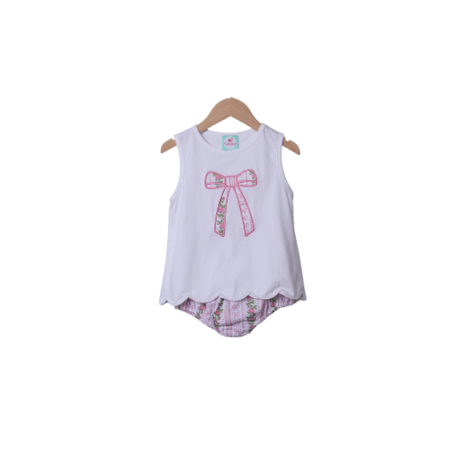 Applique Fancy Floral Bow  Diaper Set