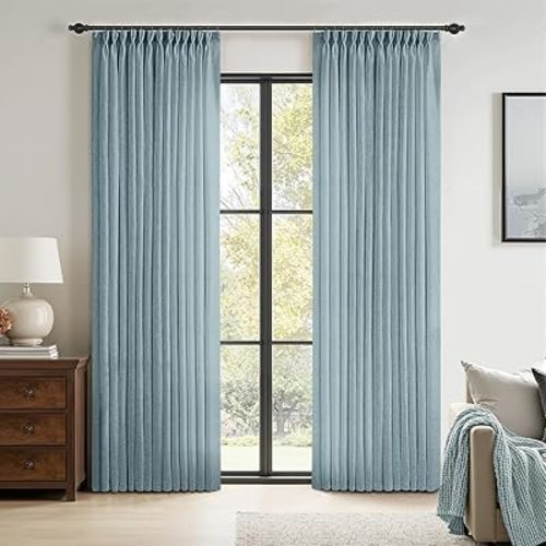 MIULEE Pinch Pleated Stone Blue Linen Curtains 84 Inches Long 2 Panels for Bedroom Living Room, Soft Thick Linen Textured Window Drapes Back Tab Hooks Semi Sheer Light Filtering Dusty Blue Decor