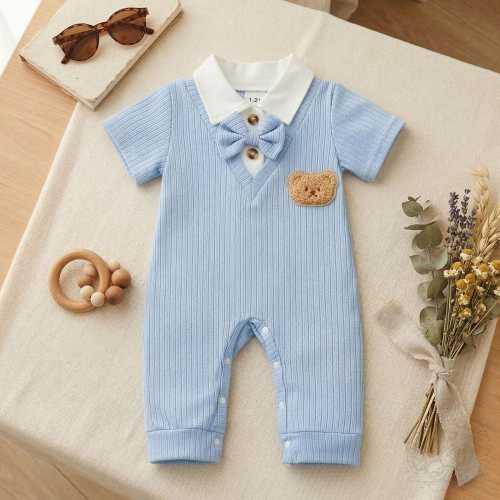 Gentleman Baby Boy Romper, Bowtie Collar Newborn Outfit, Summer Infant Jumpsuit, Formal Onesie, Baby Shower Gift | 3-6 Months