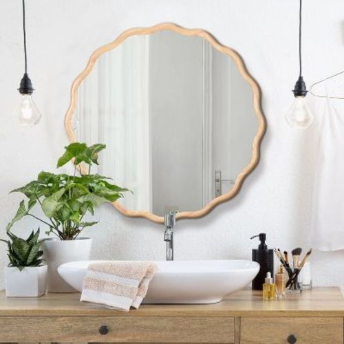 Wavy Mirror--Natural-Wood Vanity Mirror Wall Decor 31inx 31inModern Mirror Wall Decor for Bathroom, Bedroom, Living Room, Dining Room, Cloakroom