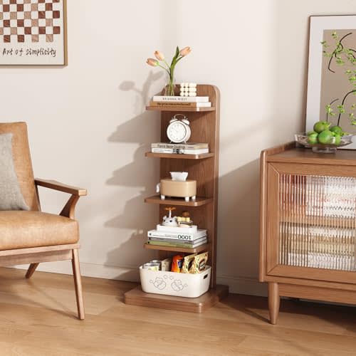 WoodsWhisper Narrow Bookshelf Ladder Bookshelf 5 Shelf Bookcase, Mid Century Modern Bookcase with Freestanding Display Shelves,Anti-tip Device and Thickened Base for Small Space,Living Room, Office