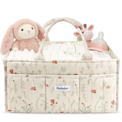 Quilted Floral Diaper Caddy Organizer, Nursery Storage Basket with Dividers | Waterproof Caddy with Sturdy Handles, Portable for Changing Table or Car, Newborn Essentials, Baby Shower Gifts