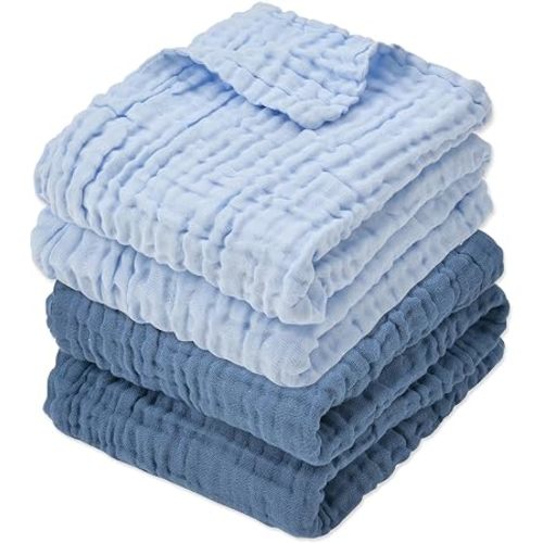 Aablexema Muslin Baby Blanket 6-Layer 43"x43", 2-Pack, Light Blue & Navy