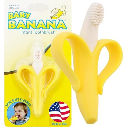 Baby Banana® Yellow Toothbrush-Teether, Infant to Toddler, Made in USA, Butter-Soft Silicone, No Micro-Plastics, Bendable, Family-Owned Buisness Since 2009, 11 Million+ Sold