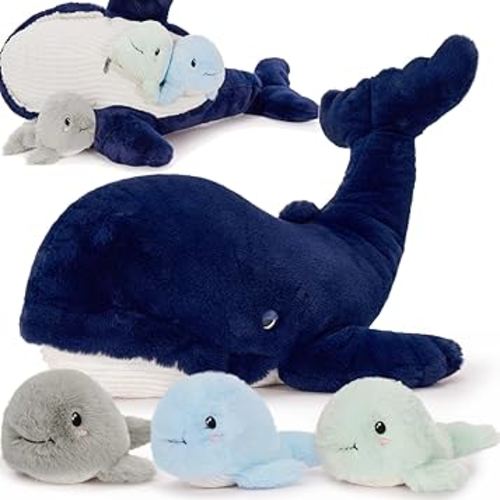 MaoGoLan 4 Pcs Blue Whale Plush Toy with 3 Babies Inside - 20 Inch Giant Stuffed Whale Plush Sea Animals Bulk for Kids Ocean Party Favors Marine Decorations Gifts Christmas Valentine's Day