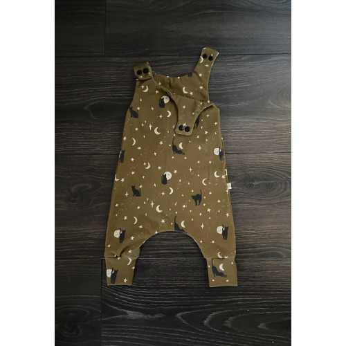 Organic Baby Harem Romper: Black Cat, Moon & Stars - Olive Green