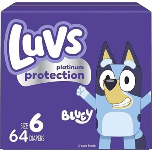 Luvs Size 6 Baby Diapers, Platinum Protection Bluey Diapers for Day & Night,Size 6 (35+ lb), 64 Count