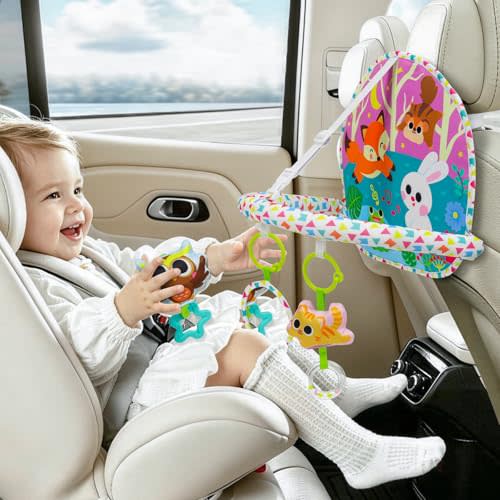 Double-Sided Car Seat Toy, Rear Facing Car Seat Toy, Play & Kick Toy | Make Driving Easier‌ ,Travel Sensory Toy, Adjustable Activity Arch with Mirror, Teether and Ring Rattles