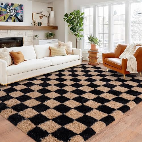 Checkered Rug for Living Room, Modern Soft Shag 6x9 Area Rugs, Plush Fuzzy Carpet for Bedroom Girls Boys Room Home Nursery Teens Dorm Decor, Black and Beige