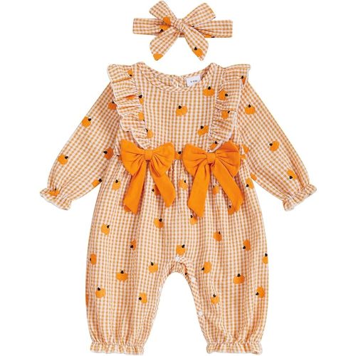 Newborn Baby Girl Halloween Outfit Doll Collar Pumpkin Jumpsuit Romper Ruffle Sleeve Bodysuit Long Overalls with Bow