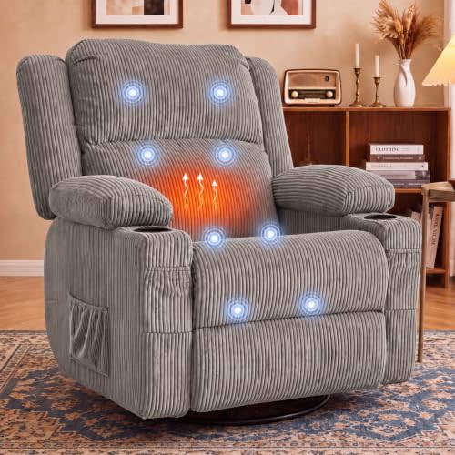 360° Swivel Rocker Recliner Chair with Heat & 8-Point Massage, Oversized Manual Nursery Glider Recliner with USB Port, Cup Holders, Storage Pockets, 400 lbs Capacity, (Grey)