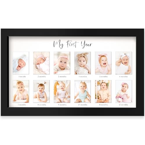 My First Year Photo Frame,12 Months Baby Picture Frame for Newborn Girl, Boy-Baby Shower Gifts Keepsakes,Monthly Baby's One Year Birthday Milestone,1st Nursery Photo Collage Display Board (Onyx Black)