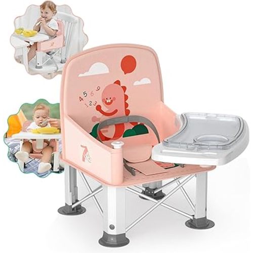 Baby Travel Booster Seat with Double Tray, BabyBond Upgraded Toddler Portable Baby Chair, Booster Seat for Dining Table, Stable and Foldable Booster Baby Chair for Indoor/Outdoor (Pink Dinosaur)