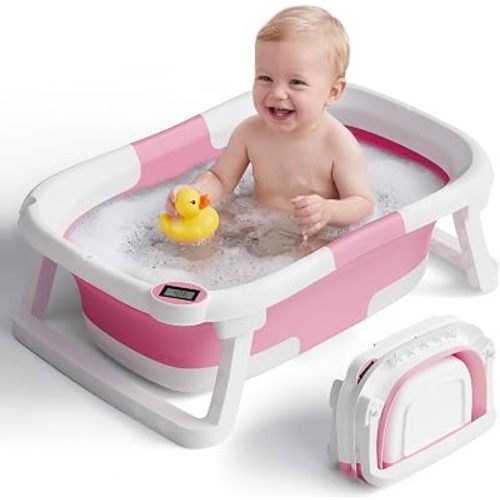 Collapsible Baby Bathtub with Thermometer, 0-36 Months, Dark Pink