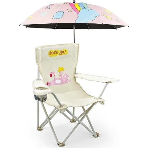 Kids Beach Folding Camping Chair - Kids Camping Chair with Outdoor Umbrella - Lightweight and Sturdy - for Beach Outdoor Camping Picnic (Pink)