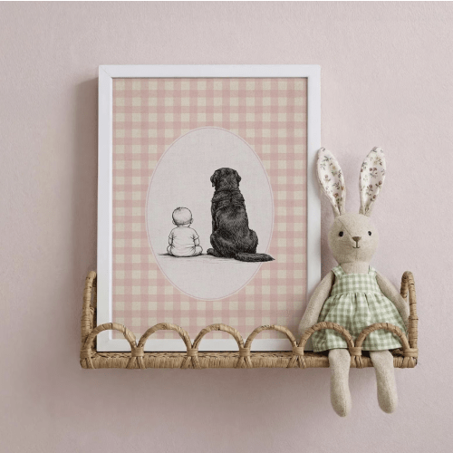Baby and Dog Nursery Art, Neutral Gingham Black Lab Poster