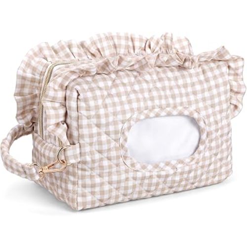 Aliceset Beige Ruffle Gingham Diaper and Wipe Pouch Baby Wipe Holder
