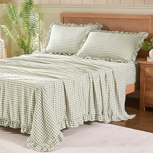 Gingham Twin Sheet Set, Lightweight Super Soft Brushed Microfiber Plaid Bed Sheets with 16" Deep Pocket, 3 Piece Ruffle Farmhouse Bedroom Decor, Sage Green
